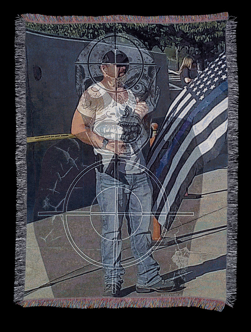 Albert Abdul-Barr Wang, American Zombie (Blue Lives Matter Guy), Tapestry 4 x 6 feet, 2020 | Working Artist Org. Albert Abdul-Barr Wang, American Zombie (Blue Lives Matter Guy), Tapestry 4 x 6 feet, 2020