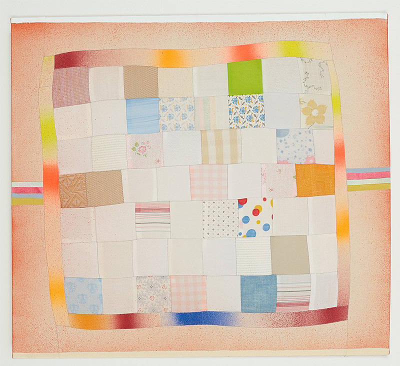 Barbara Campbell Thomas, Pieced, Collaged fabric, collaged cut-up paintings, spray paint, acrylic paint on canvas with insets of pieced & machine-stitched fabric, 22 x 20 inches, 2020