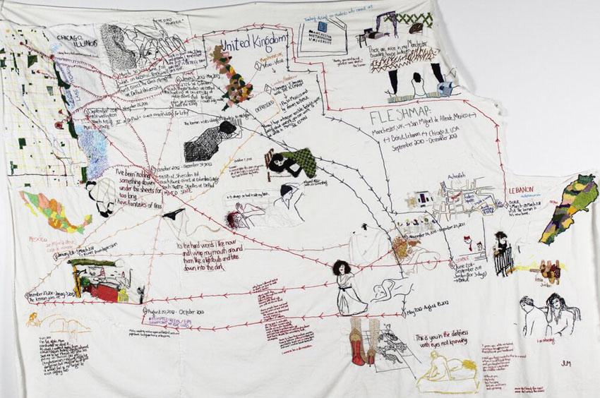Jennifer Markowitz, UK/Mexico/Lebanon/Chicago:September 2010-December 2012, Hand-embroidered on repurposed, cotton bedsheet, 2018